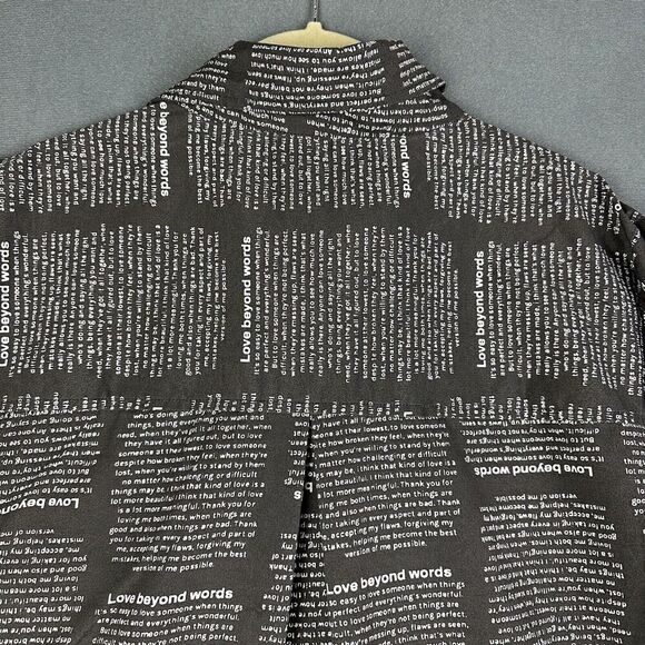 Spoon Jeans Tunic Top Women L Black Allover Script Empowerment Button Up Shirt* - Picture 7 of 12